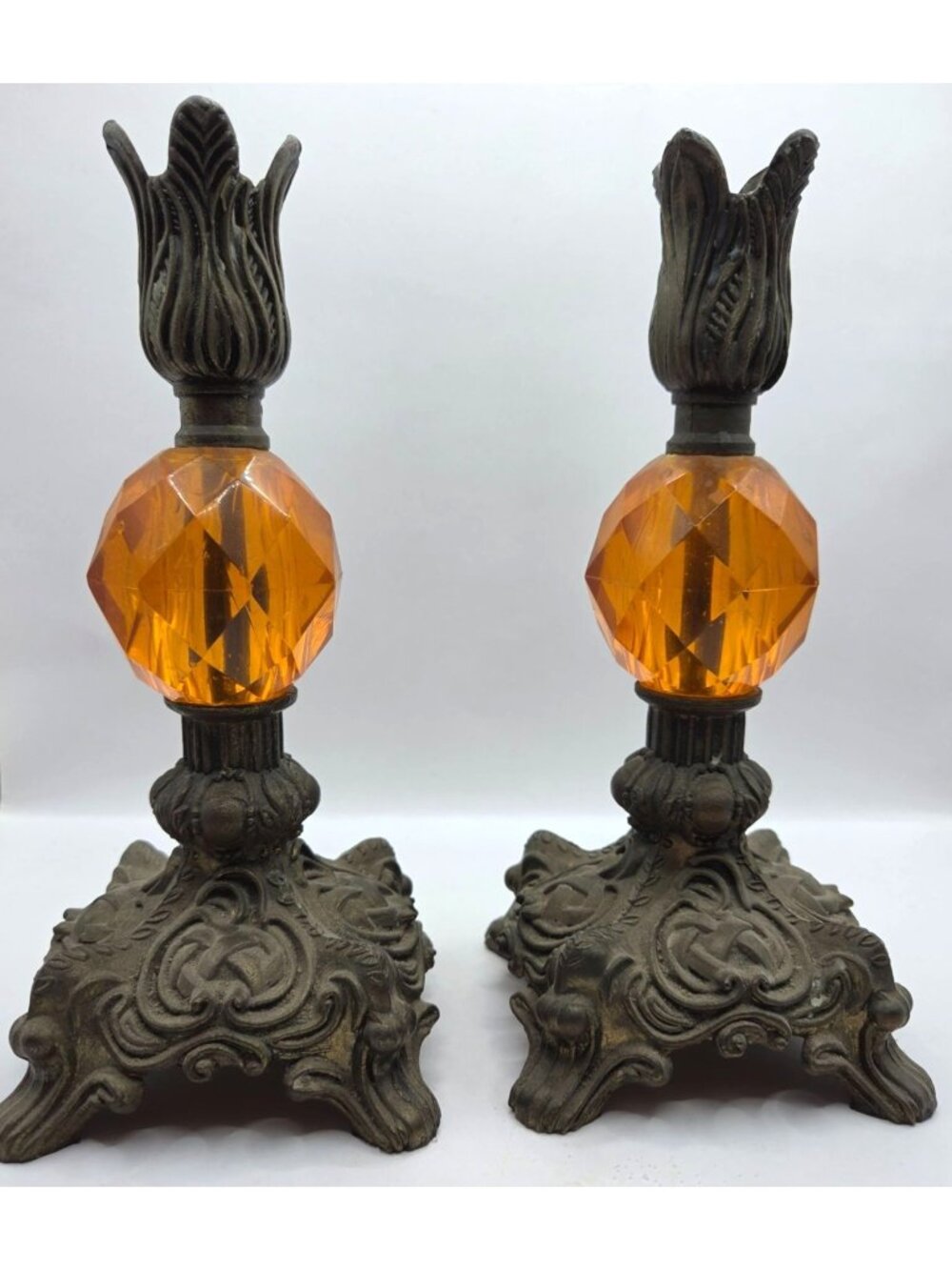 Vtg Hollywood Regency Cast Metal Amber Glass Candle Holders Pair Tulip Top 8" - Picture 4 of 12